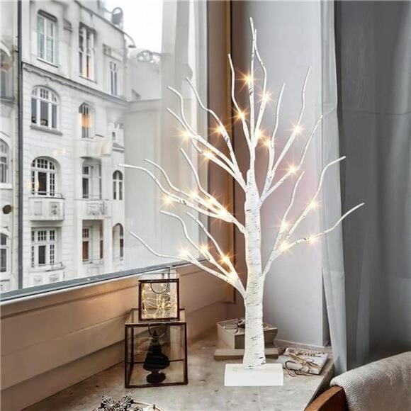 Artificial Tree for Table Decor, 2FT Birch Tree with LED Lights, Warm White - Picture 2 of 7